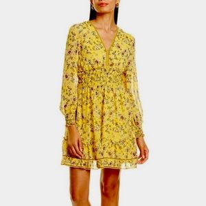 Max Studio Yellow Georgette Smocked Mini Dress S V Neck Ruffle Balloon Sleeve